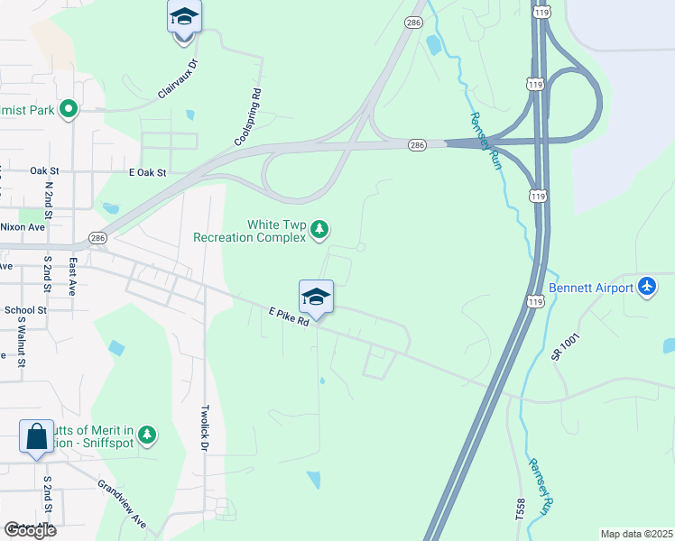 map of restaurants, bars, coffee shops, grocery stores, and more near 497 East Pike Road in Indiana