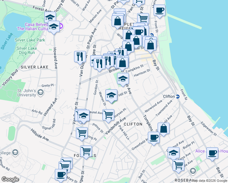 map of restaurants, bars, coffee shops, grocery stores, and more near 67 Hill Street in Staten Island