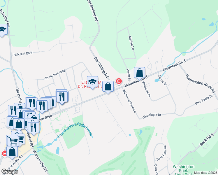 map of restaurants, bars, coffee shops, grocery stores, and more near 5 Mountain Boulevard in Warren