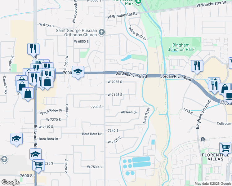 map of restaurants, bars, coffee shops, grocery stores, and more near 7136 South 1170 West in West Jordan