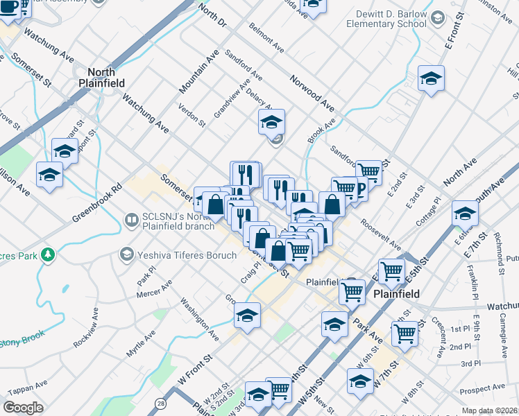 map of restaurants, bars, coffee shops, grocery stores, and more near 40 Chatham Street in North Plainfield