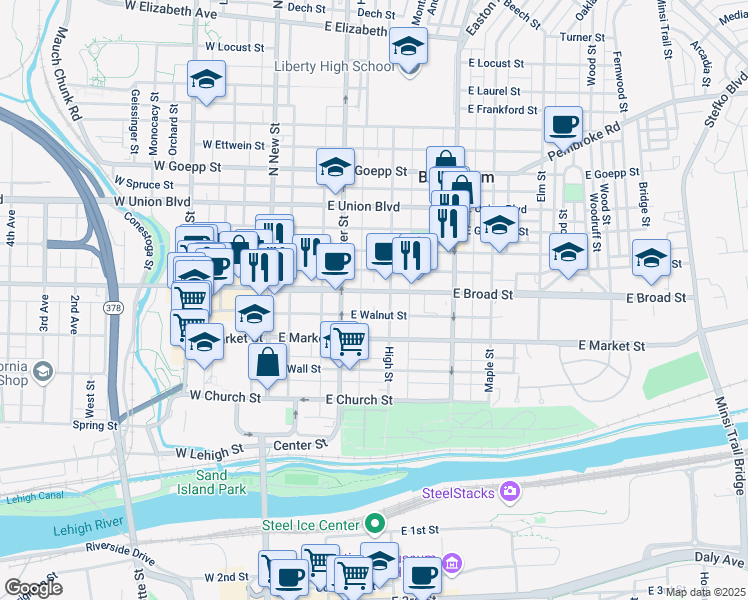 map of restaurants, bars, coffee shops, grocery stores, and more near 134 East Broad Street in Bethlehem