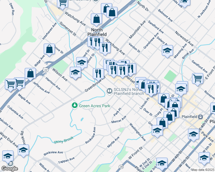 map of restaurants, bars, coffee shops, grocery stores, and more near 195 Grove Street in North Plainfield