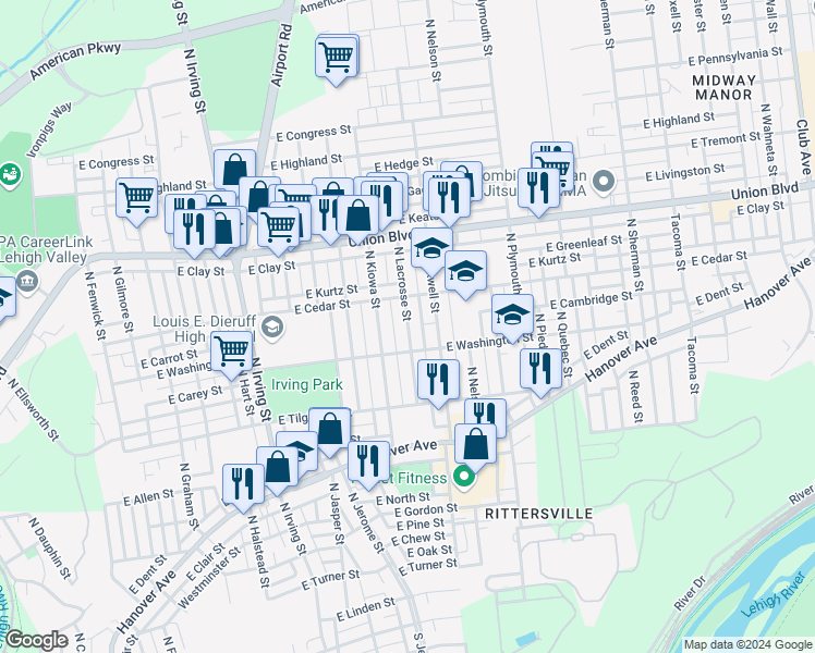 map of restaurants, bars, coffee shops, grocery stores, and more near North Lacrosse Street in Allentown