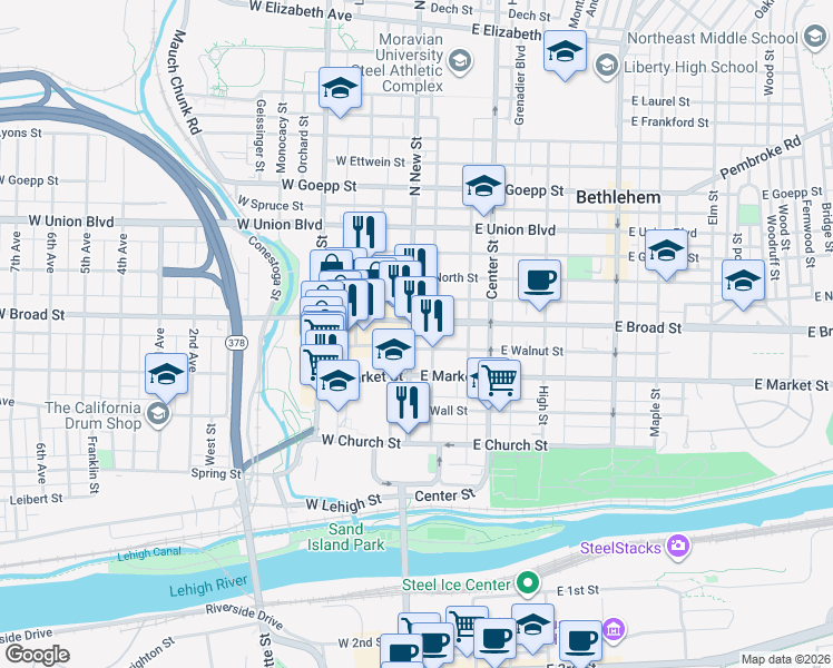 map of restaurants, bars, coffee shops, grocery stores, and more near 538 North New Street in Bethlehem