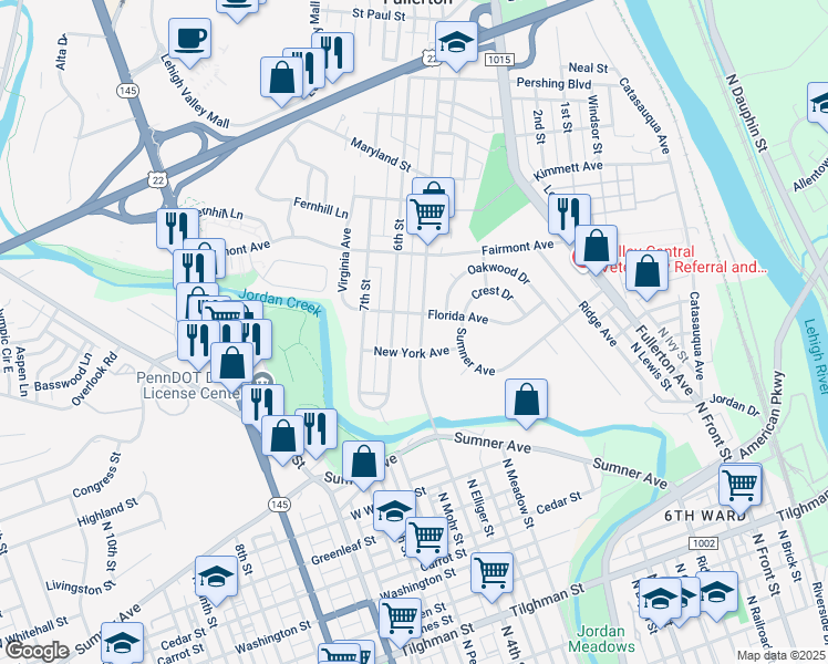 map of restaurants, bars, coffee shops, grocery stores, and more near 105 6th Street in Fullerton