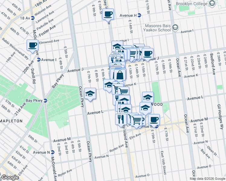 map of restaurants, bars, coffee shops, grocery stores, and more near 1476 Coney Island Avenue in Brooklyn