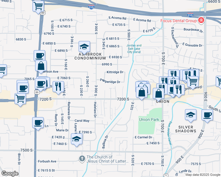 map of restaurants, bars, coffee shops, grocery stores, and more near 7155 High Tech Drive in Midvale