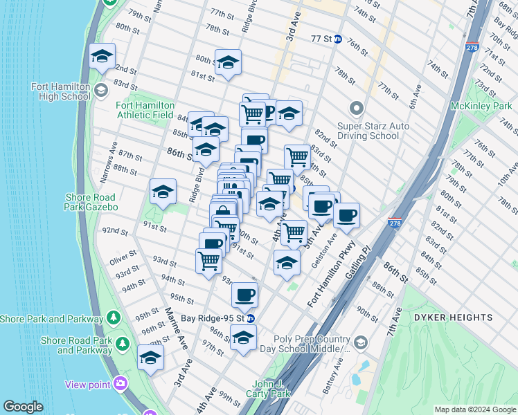 map of restaurants, bars, coffee shops, grocery stores, and more near 337 88th Street in Brooklyn
