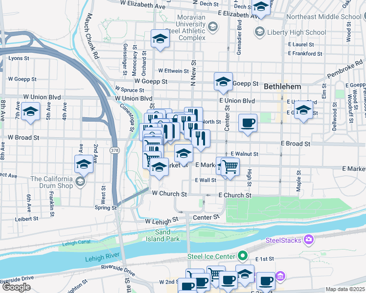 map of restaurants, bars, coffee shops, grocery stores, and more near 7 West Broad Street in Bethlehem