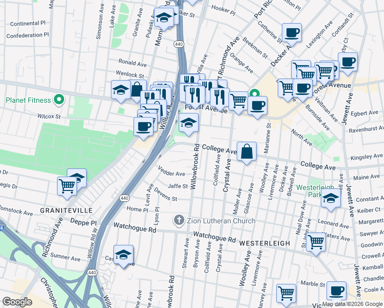map of restaurants, bars, coffee shops, grocery stores, and more near 114 Willowbrook Road in Staten Island