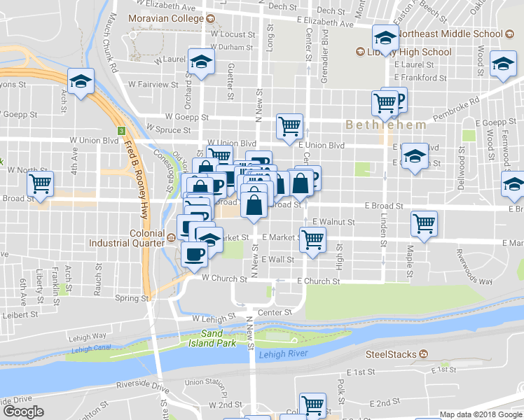 map of restaurants, bars, coffee shops, grocery stores, and more near 556 North New Street in Bethlehem