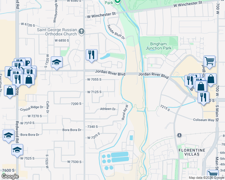 map of restaurants, bars, coffee shops, grocery stores, and more near 7110 South 1115 West in West Jordan
