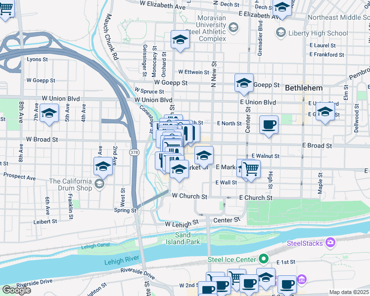 map of restaurants, bars, coffee shops, grocery stores, and more near 77 West Broad Street in Bethlehem
