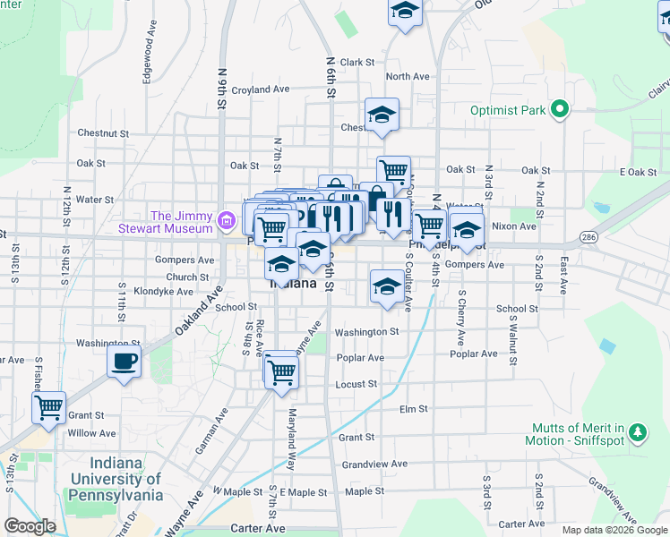 map of restaurants, bars, coffee shops, grocery stores, and more near 41 South 6th Street in Indiana