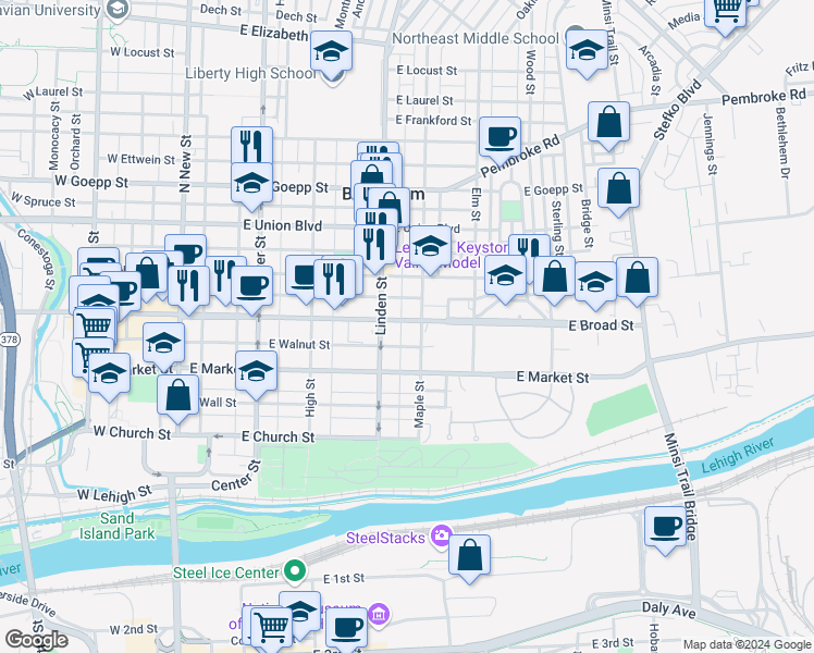 map of restaurants, bars, coffee shops, grocery stores, and more near 326 East Broad Street in Bethlehem