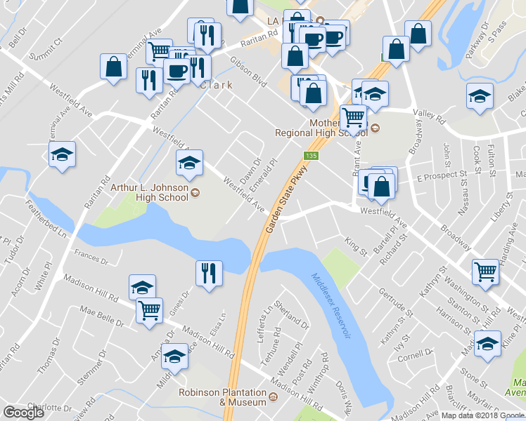 map of restaurants, bars, coffee shops, grocery stores, and more near 301 Westfield Avenue in Clark