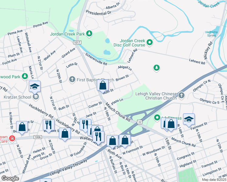 map of restaurants, bars, coffee shops, grocery stores, and more near 1715 Plaza Lane in Allentown