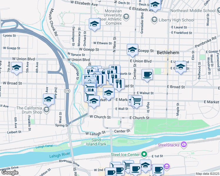 map of restaurants, bars, coffee shops, grocery stores, and more near 33 West Walnut Street in Bethlehem