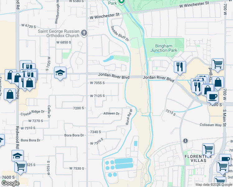 map of restaurants, bars, coffee shops, grocery stores, and more near 7110 South 1115 West in West Jordan