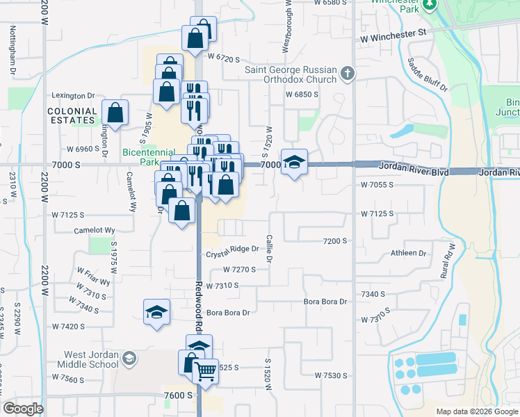 map of restaurants, bars, coffee shops, grocery stores, and more near 7118 Equator Lane in West Jordan