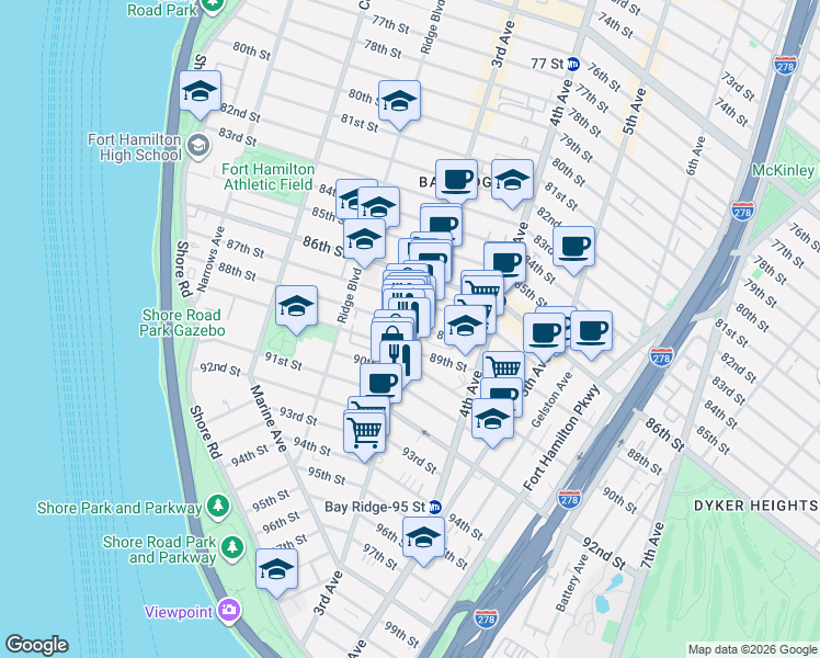 map of restaurants, bars, coffee shops, grocery stores, and more near in Brooklyn