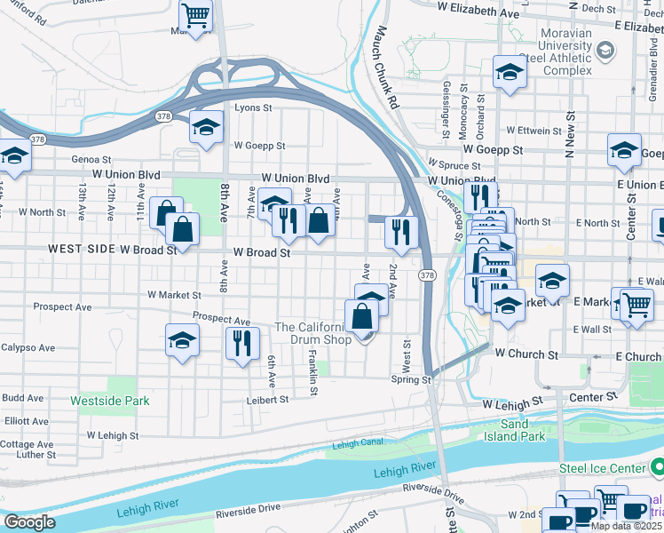 map of restaurants, bars, coffee shops, grocery stores, and more near 539 4th Avenue in Bethlehem