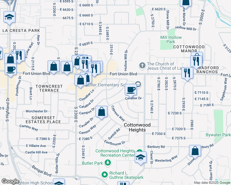 map of restaurants, bars, coffee shops, grocery stores, and more near 2536 Campus Drive in Cottonwood Heights