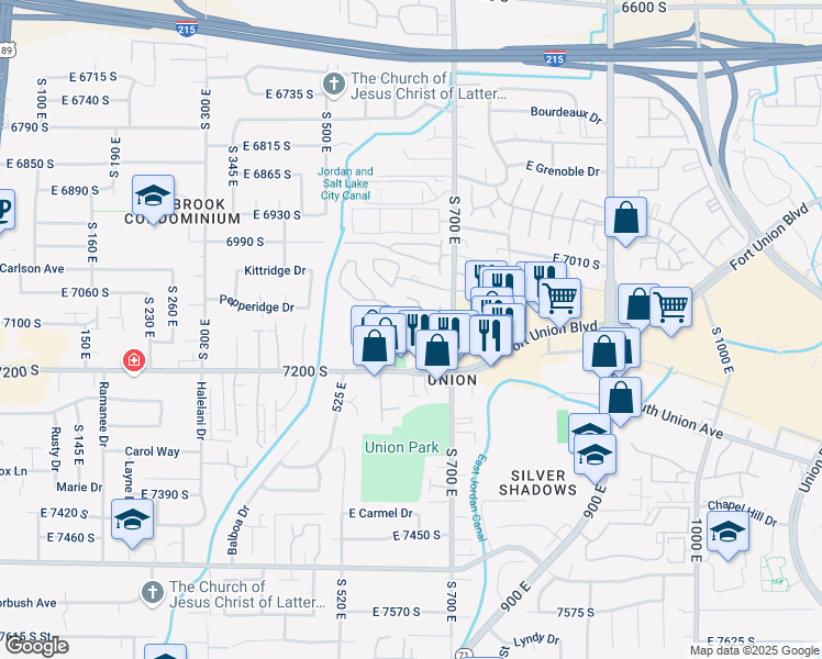 map of restaurants, bars, coffee shops, grocery stores, and more near 595 Fort Union Boulevard in Midvale