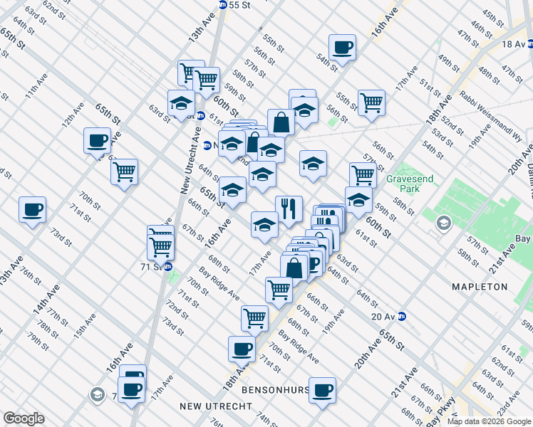 map of restaurants, bars, coffee shops, grocery stores, and more near 1647 65th Street in Brooklyn