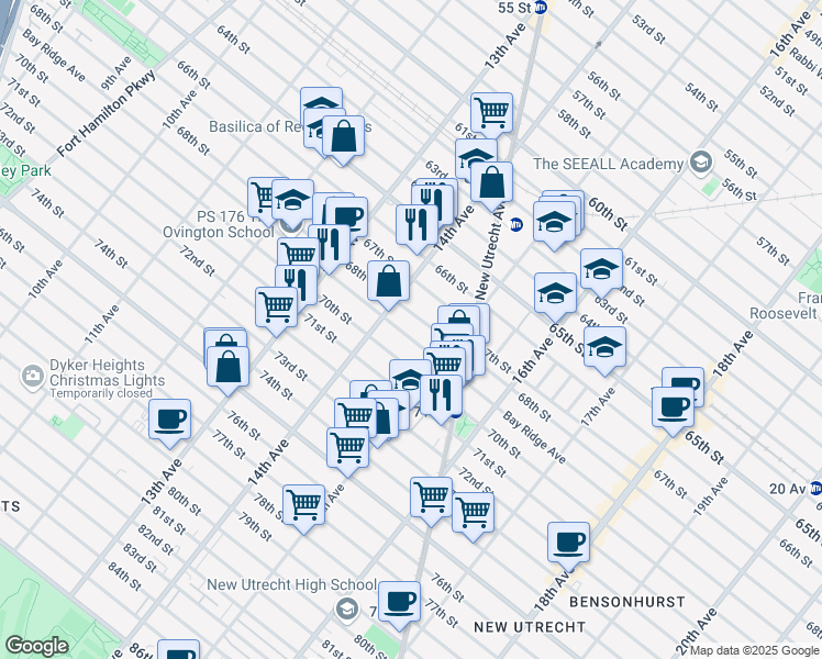 map of restaurants, bars, coffee shops, grocery stores, and more near 1438 Bay Ridge Avenue in Brooklyn