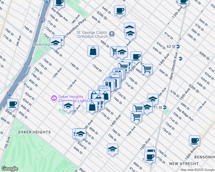 map of restaurants, bars, coffee shops, grocery stores, and more near 1268 73rd Street in Brooklyn