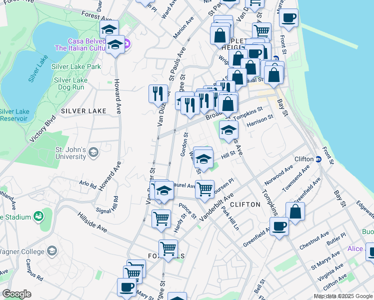 map of restaurants, bars, coffee shops, grocery stores, and more near 238 Gordon Street in Staten Island