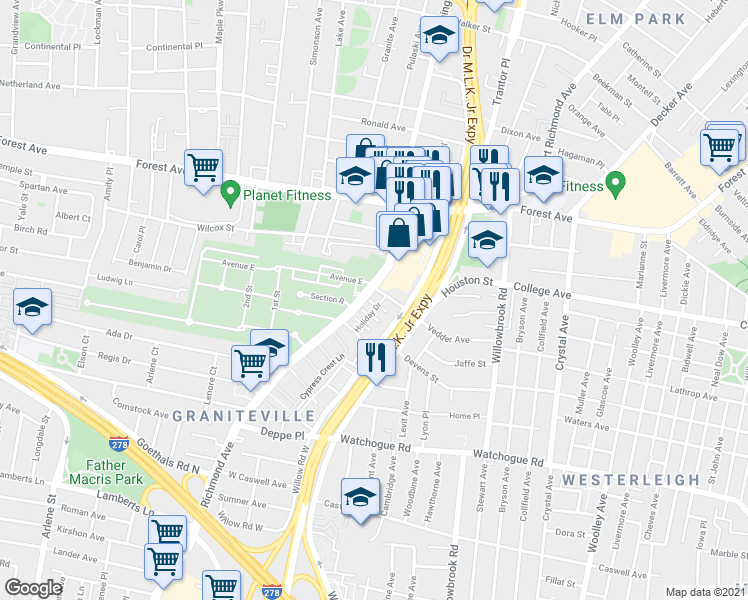 map of restaurants, bars, coffee shops, grocery stores, and more near 51 James Court in Staten Island