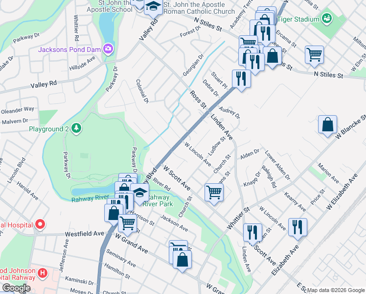 map of restaurants, bars, coffee shops, grocery stores, and more near 777 Rodgers Court in Rahway