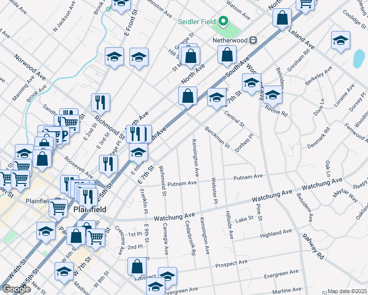 map of restaurants, bars, coffee shops, grocery stores, and more near 738-40 Kensington Avenue in Plainfield