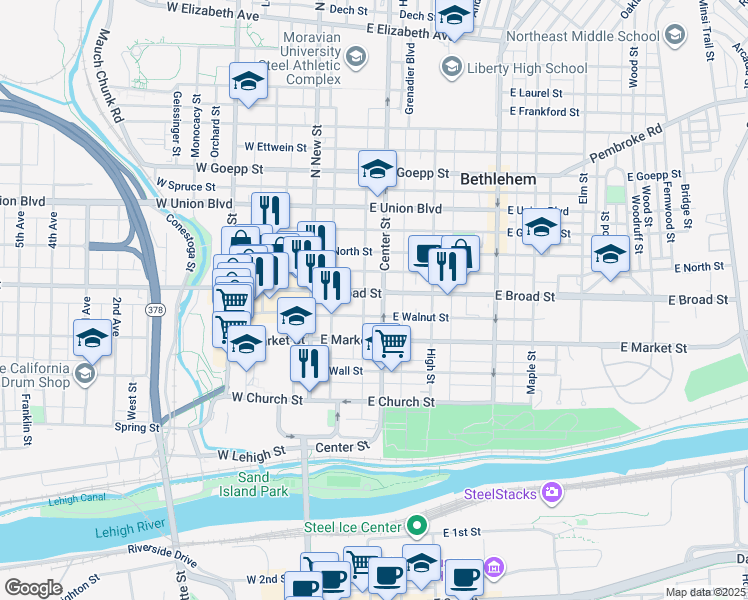 map of restaurants, bars, coffee shops, grocery stores, and more near 71 East Walnut Street in Bethlehem