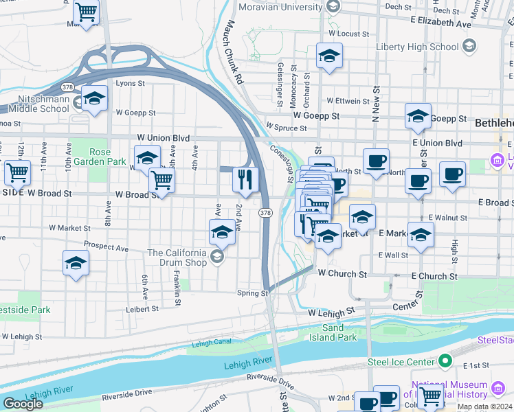 map of restaurants, bars, coffee shops, grocery stores, and more near 527 1st Avenue in Bethlehem