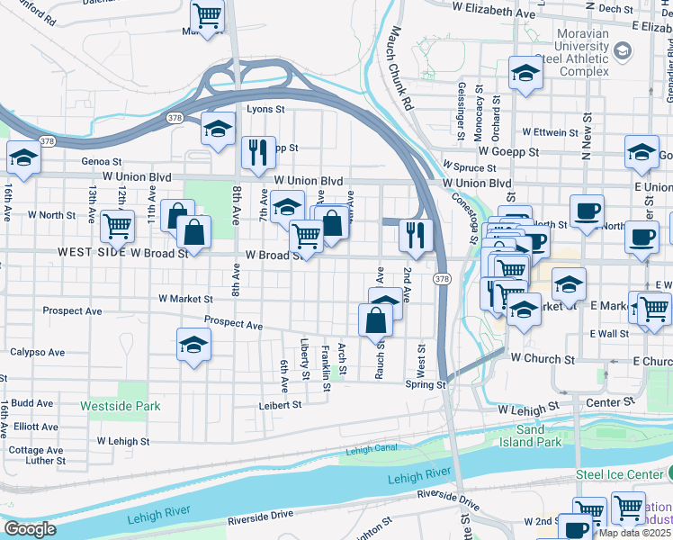 map of restaurants, bars, coffee shops, grocery stores, and more near 521 4th Avenue in Bethlehem