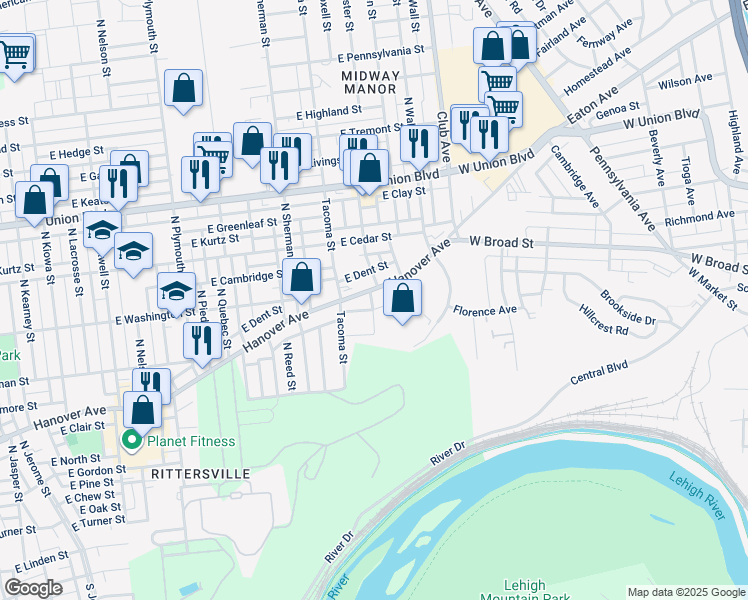 map of restaurants, bars, coffee shops, grocery stores, and more near 2030 Trump Street in Allentown