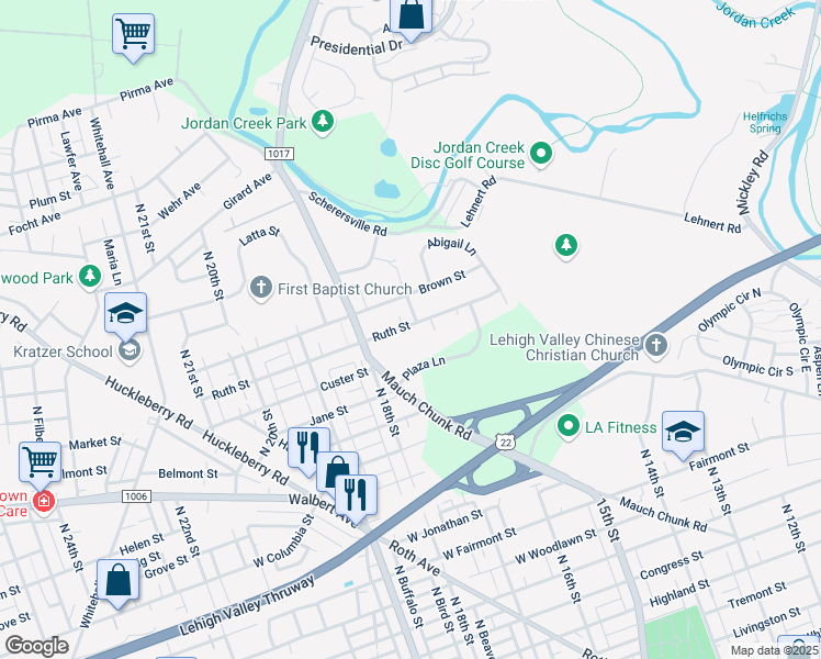 map of restaurants, bars, coffee shops, grocery stores, and more near 1715 Plaza Lane in Allentown