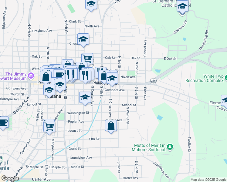 map of restaurants, bars, coffee shops, grocery stores, and more near 337 Church Street in Indiana