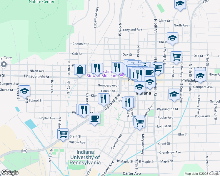 map of restaurants, bars, coffee shops, grocery stores, and more near 966 Church Street in Indiana
