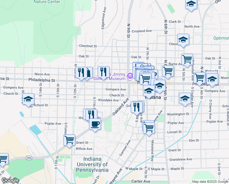 map of restaurants, bars, coffee shops, grocery stores, and more near 966 Church Street in Indiana