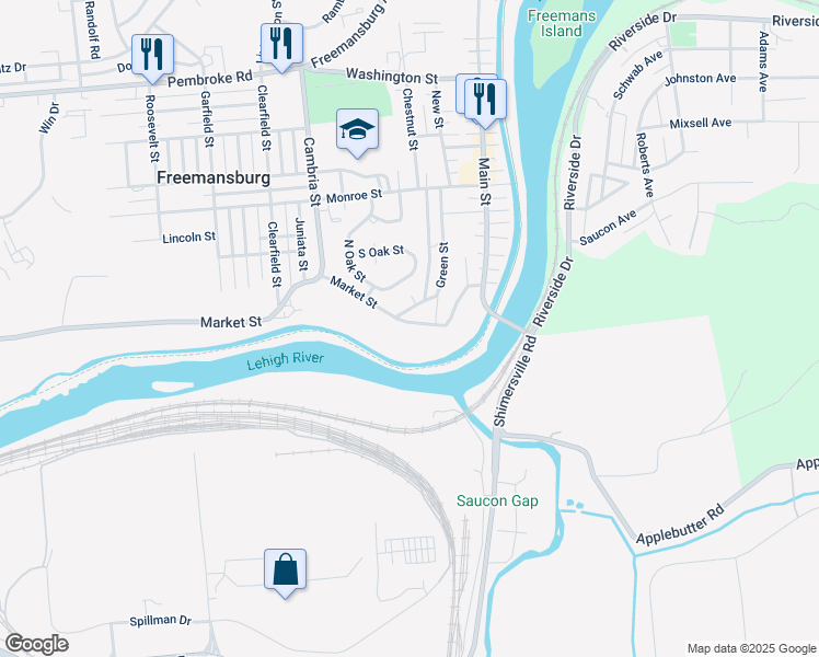map of restaurants, bars, coffee shops, grocery stores, and more near 166 Market Street in Freemansburg