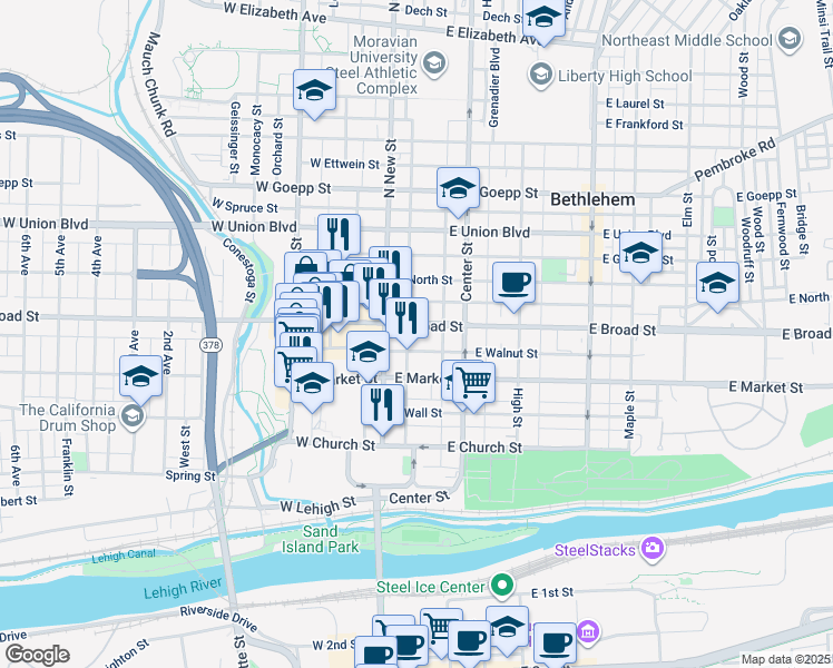 map of restaurants, bars, coffee shops, grocery stores, and more near 538 North New Street in Bethlehem