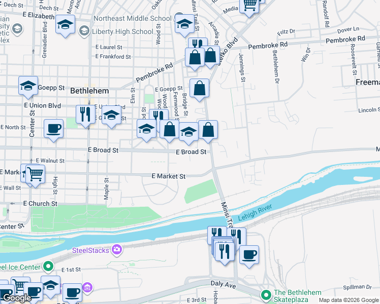 map of restaurants, bars, coffee shops, grocery stores, and more near 675 East Broad Street in Bethlehem