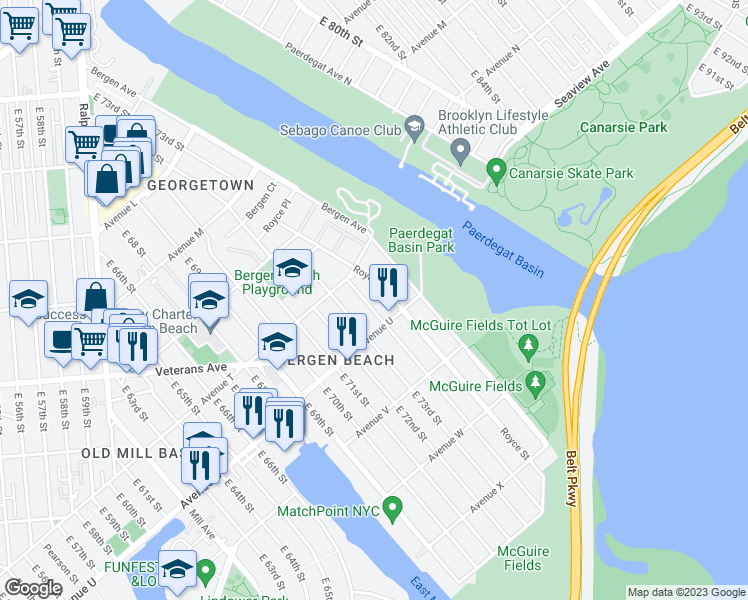 map of restaurants, bars, coffee shops, grocery stores, and more near 2057 East 73rd Street in Brooklyn