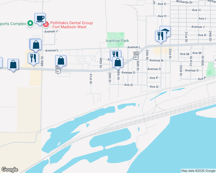 map of restaurants, bars, coffee shops, grocery stores, and more near 1703 39th Street in Fort Madison