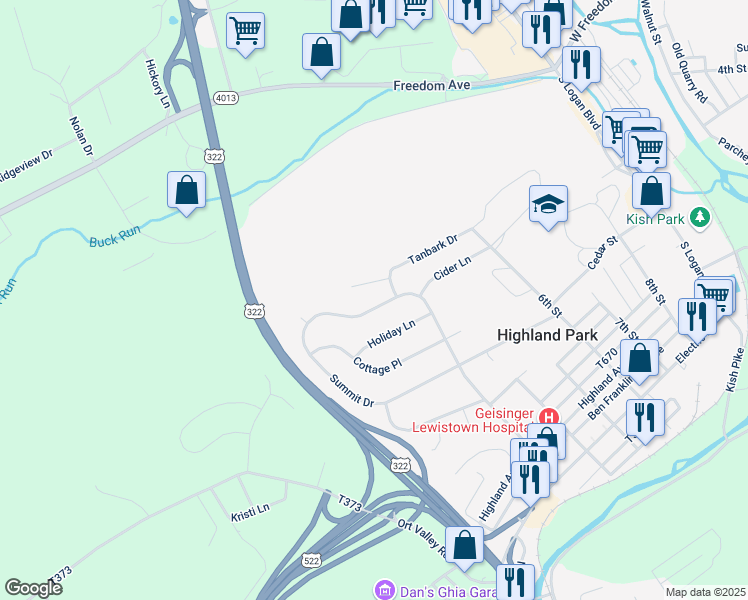 map of restaurants, bars, coffee shops, grocery stores, and more near 563 Summit Drive in Lewistown